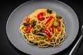 African traditional Spaghetti pasta with spicy sauce and vegetable Royalty Free Stock Photo