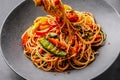 African traditional Spaghetti pasta with spicy sauce and vegetable Royalty Free Stock Photo