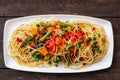 African traditional Spaghetti pasta with spicy sauce and vegetable Royalty Free Stock Photo