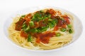 Spaghetti with pepper sauce on plate Royalty Free Stock Photo