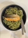 spaghetti pesto salmon