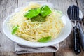 Spaghetti with pesto sauce and basil Royalty Free Stock Photo