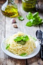 Spaghetti with pesto sauce and basil Royalty Free Stock Photo