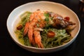 spaghetti pesto sauce with grilled shrimps italian food Royalty Free Stock Photo