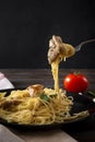 Spaghetti with a piece of chicken fillet on a fork on a dark background,  plate of pasta, tomato, napkin Royalty Free Stock Photo