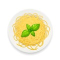 Spaghetti at plate. Pasta with basil leafe. Noodles. Vector illustration.