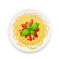 Spaghetti at plate. Pasta with ketchup. Noodles. Vector illustration.