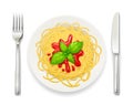 Spaghetti at plate. Pasta with ketchup. Noodles. Vector illustration.