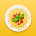 Spaghetti at plate. Pasta with ketchup. Noodles. Vector illustration.