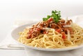 Spaghetti plate with sauce from minced meat and tomato, parmesan