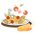 Spaghetti plate with tomato and cheese, flat cartoon vector illustration isolated Royalty Free Stock Photo