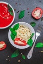 Spaghetti in a plate and tomato sauce in a small bowl with spices seasoning Royalty Free Stock Photo