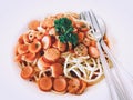 Spaghetti pork sausages tomato sauce