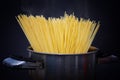 Spaghetti in pot with boiling water and steam. Royalty Free Stock Photo