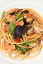 Spaghetti with prawn,cherry tomato and basil Royalty Free Stock Photo