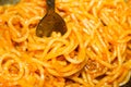 Spaghetti rolled on fork with Tomato Sauce, Italian Food Close-Up Royalty Free Stock Photo