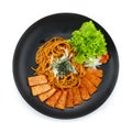 Spaghetti Samyang Spicy Sauce with Spam Ham ontop onion cutlet and seaweed Korean Food