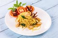 Spaghetti with sausage and chilly Royalty Free Stock Photo