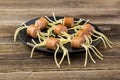 spaghetti with sausages in the form of spiders. Happy kid food for Halloween party Royalty Free Stock Photo