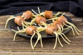 spaghetti with sausages in the form of spiders. Happy kid food for Halloween party Royalty Free Stock Photo