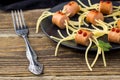 spaghetti with sausages in the form of spiders. Happy kid food for Halloween party Royalty Free Stock Photo