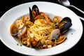Spaghetti seafood with mussels and shrimps and tomatoes, with parsley Royalty Free Stock Photo