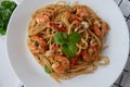 spaghetti with seafood from top view Royalty Free Stock Photo