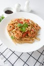 spaghetti with seafood from top view Royalty Free Stock Photo