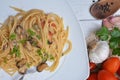 Spaghetti with seafruit clams and mussels italian dish Royalty Free Stock Photo