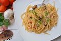 Spaghetti with seafruit clams and mussels italian dish Royalty Free Stock Photo