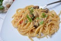 Spaghetti with seafruit clams and mussels italian dish Royalty Free Stock Photo