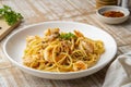 Spaghetti with shrimps and chilli powder with garlic sauce. Royalty Free Stock Photo