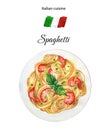 Spaghetti with shrimps on a plate watercolor. Italian cuisine