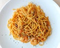 Spaghetti with shrimps and tomato sauce, italian cuisine Royalty Free Stock Photo