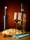 Spaghetti with shrimps and wihte wine Royalty Free Stock Photo