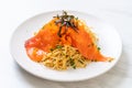 spaghetti with smoked salmon and shrimp egg Royalty Free Stock Photo