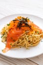 spaghetti with smoked salmon and shrimp egg Royalty Free Stock Photo