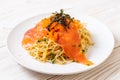 spaghetti with smoked salmon and shrimp egg Royalty Free Stock Photo