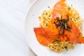 spaghetti with smoked salmon and shrimp egg Royalty Free Stock Photo