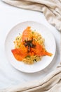 spaghetti with smoked salmon and shrimp egg Royalty Free Stock Photo