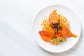 spaghetti with smoked salmon and shrimp egg Royalty Free Stock Photo