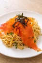 spaghetti with smoked salmon and shrimp egg Royalty Free Stock Photo