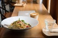 Spaghetti spicy with bacon, parsley and parmesan cheese Fresh pepper, Basil leaf . Pasta Carbonara on white plate. Italian food Royalty Free Stock Photo