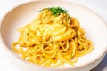 Spaghetti with spicy crab curry in Thai style Royalty Free Stock Photo