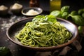 Spaghetti spinach pesto. Generate Ai Royalty Free Stock Photo