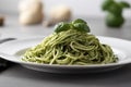 Spaghetti spinach pesto. Generate Ai Royalty Free Stock Photo