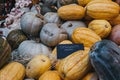 Spaghetti squash and pumpkins at a food market Royalty Free Stock Photo