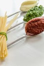 Spaghetti and three spoons with different condiments Royalty Free Stock Photo