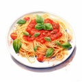 Spaghetti with tomato sauce, basil and parmesan on white background Royalty Free Stock Photo