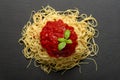 Spaghetti with tomato sauce on a black granite plate. Cooked spaghetti with red sauce Royalty Free Stock Photo